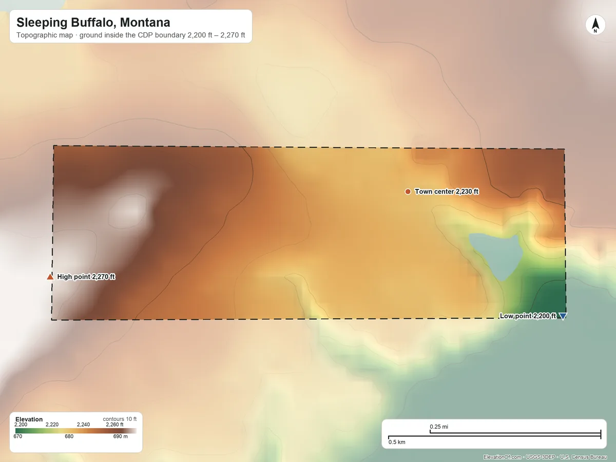 Topographic elevation map of Sleeping Buffalo, Montana, shaded from 2,200 ft on the southeast side to 2,270 ft on the west side