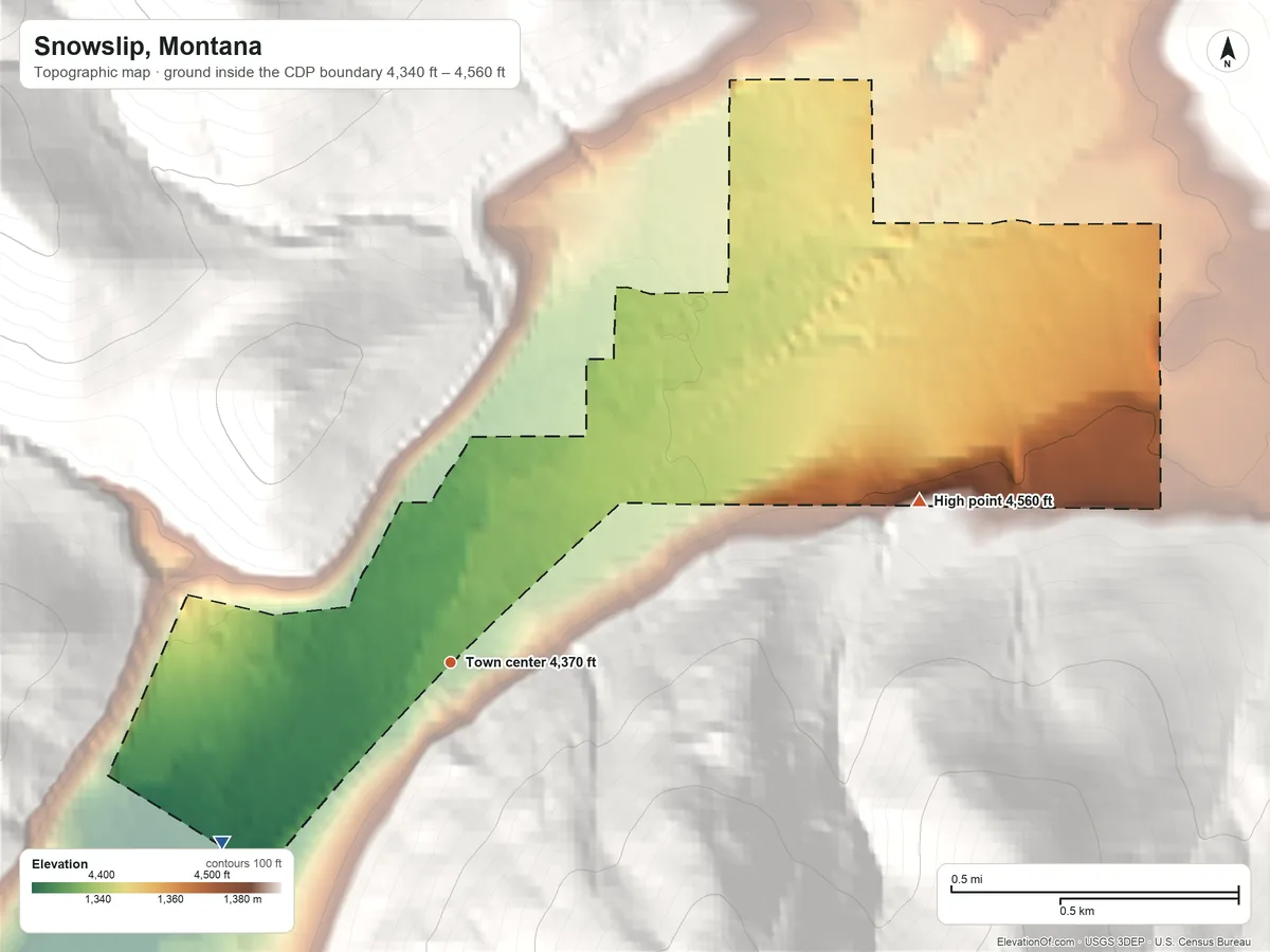 Topographic elevation map of Snowslip, Montana, shaded from 4,340 ft on the southwest side to 4,560 ft at the foot of the Flathead Range