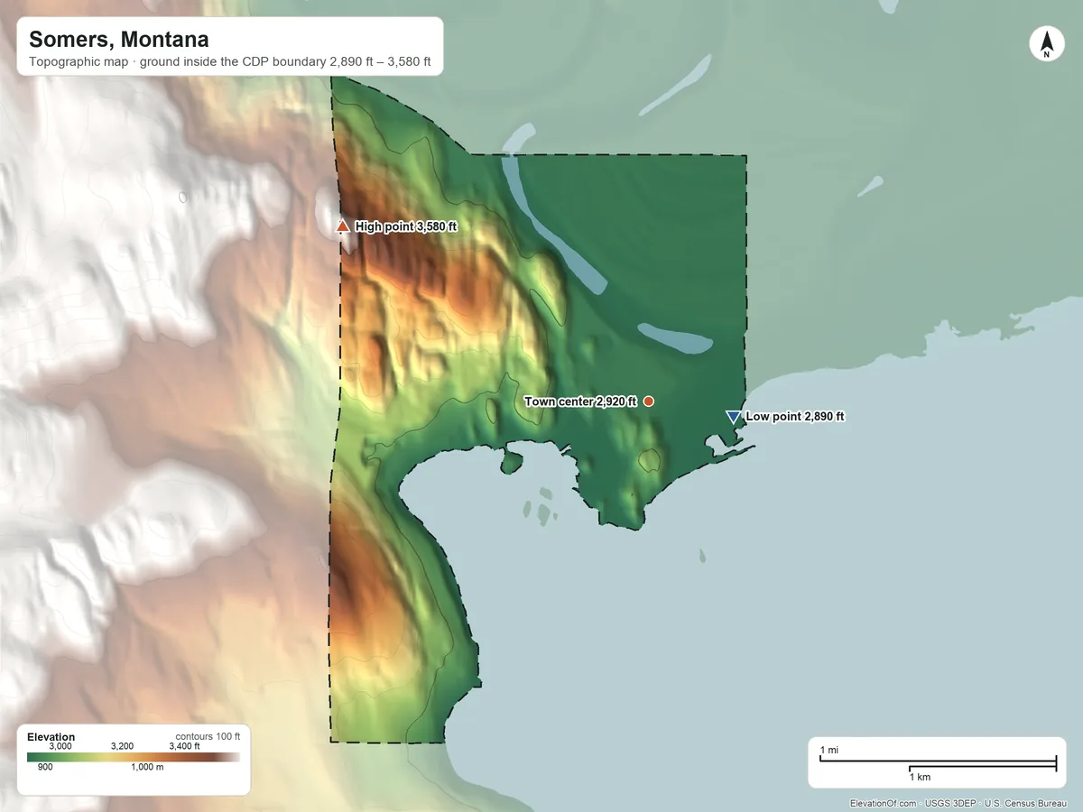 Topographic elevation map of Somers, Montana, shaded from 2,890 ft on the east side to 3,580 ft on the northwest edge, below higher ground just outside
