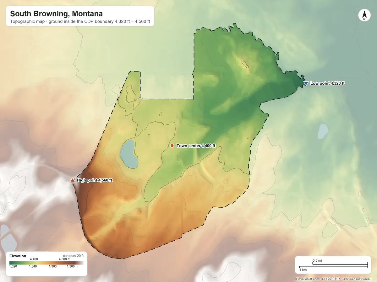 Topographic elevation map of South Browning, Montana, shaded from 4,320 ft on the northeast side to 4,560 ft on the west side