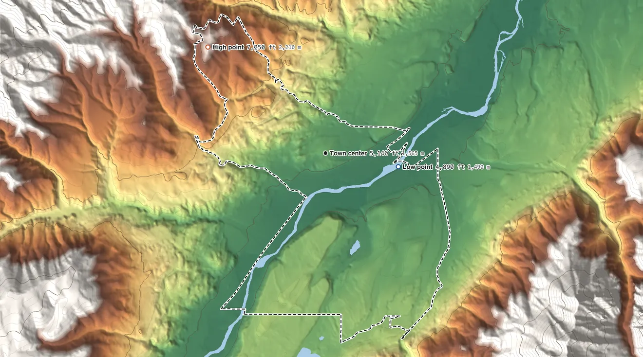 Topographic elevation map of South Glastonbury, Montana, shaded from 4,890 ft on the east side to 7,250 ft at the foot of the Gallatin Range