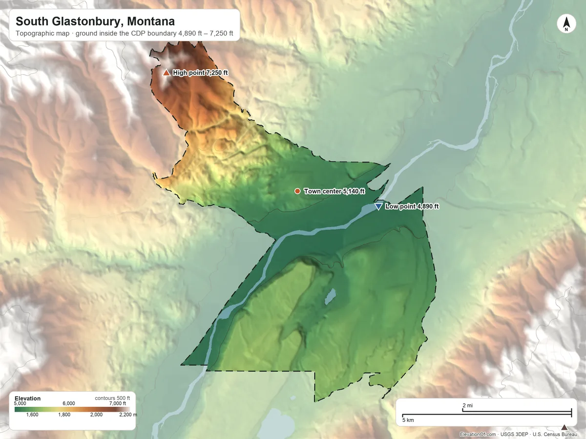 Topographic elevation map of South Glastonbury, Montana, shaded from 4,890 ft on the east side to 7,250 ft at the foot of the Gallatin Range