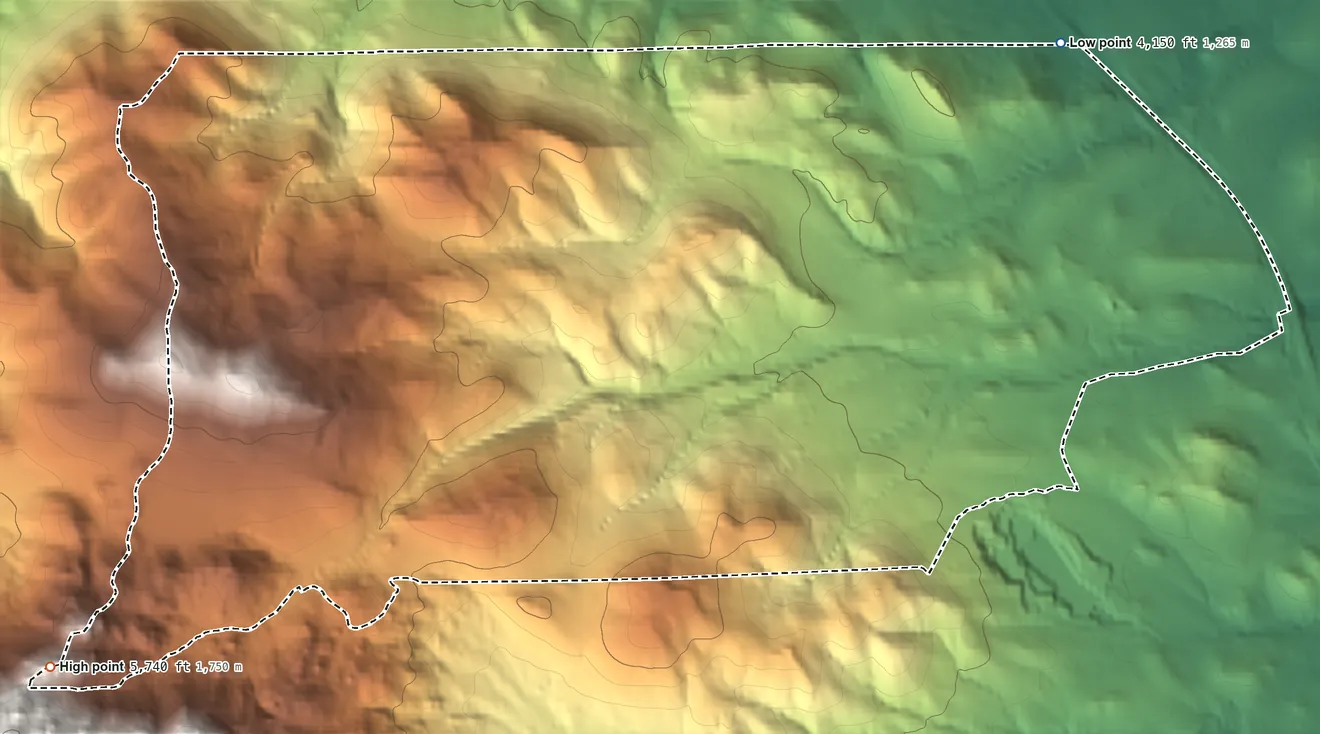 Topographic elevation map of South Hills, Montana, shaded from 4,150 ft on the northeast side to 5,740 ft at the foot of the Elkhorn Mountains