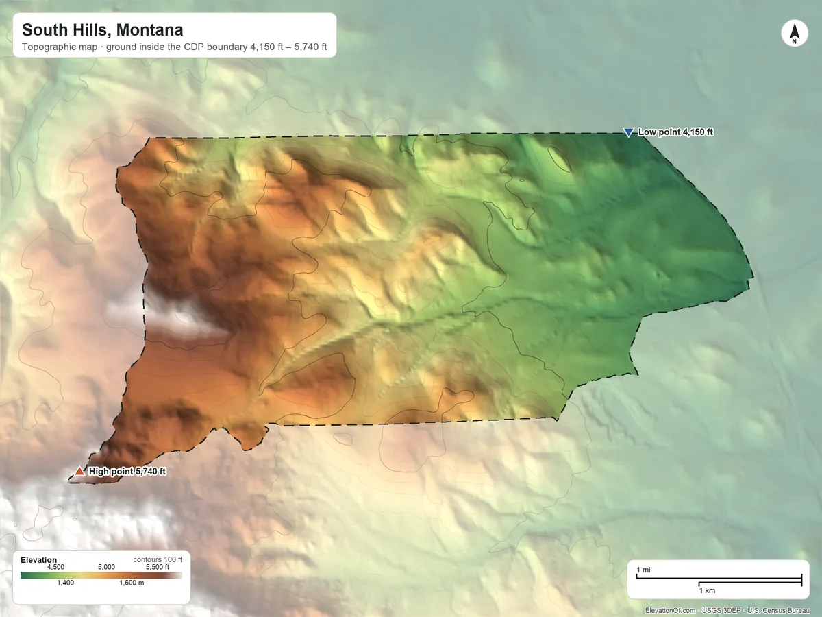 Topographic elevation map of South Hills, Montana, shaded from 4,150 ft on the northeast side to 5,740 ft at the foot of the Elkhorn Mountains