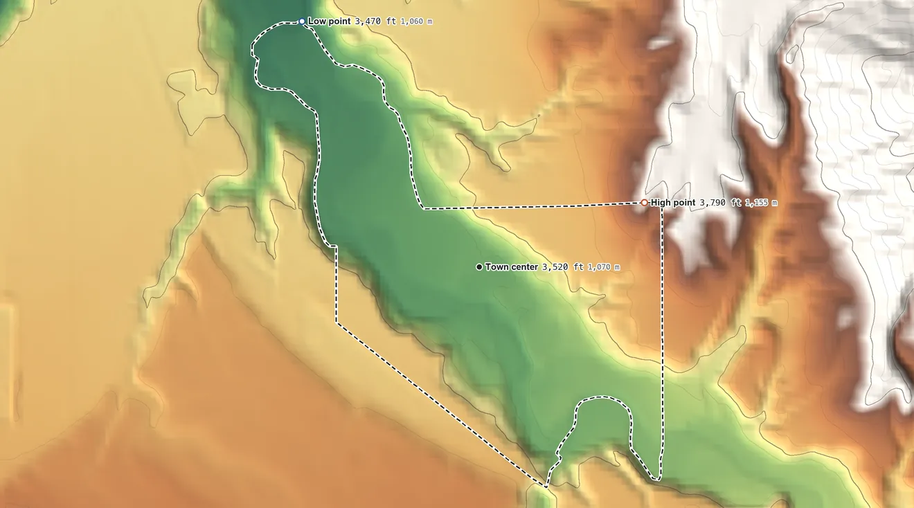 Topographic elevation map of Spring Creek Colony, Montana, shaded from 3,470 ft on the northwest side to 3,790 ft at the foot of the South Moccasin Mountains