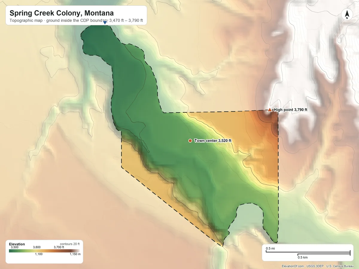 Topographic elevation map of Spring Creek Colony, Montana, shaded from 3,470 ft on the northwest side to 3,790 ft at the foot of the South Moccasin Mountains