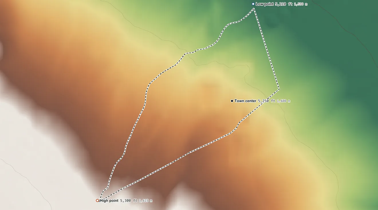 Topographic elevation map of Springdale Colony, Montana, shaded from 5,210 ft on the north side to 5,300 ft at the foot of the Big Belt Mountains