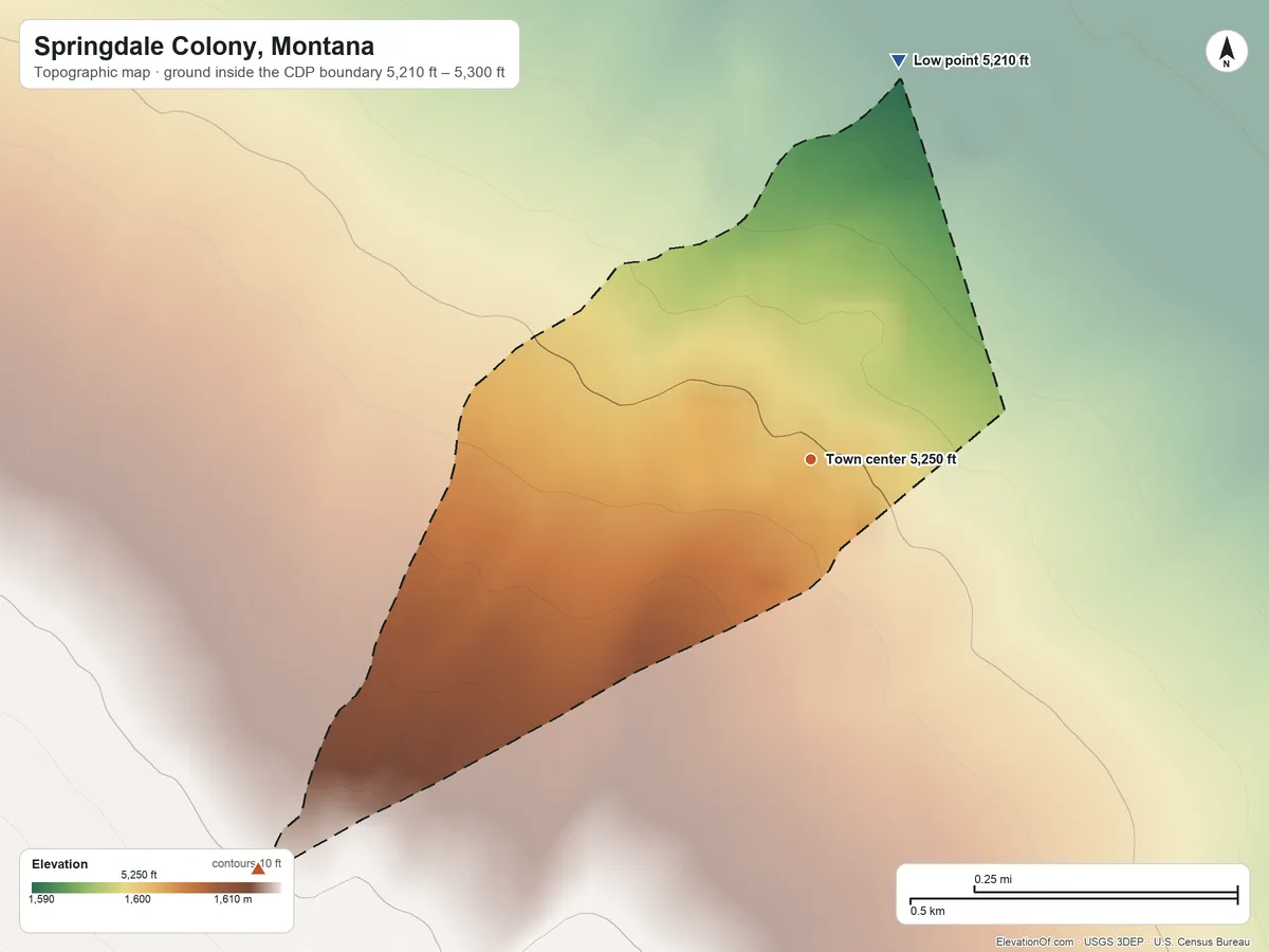Topographic elevation map of Springdale Colony, Montana, shaded from 5,210 ft on the north side to 5,300 ft at the foot of the Big Belt Mountains