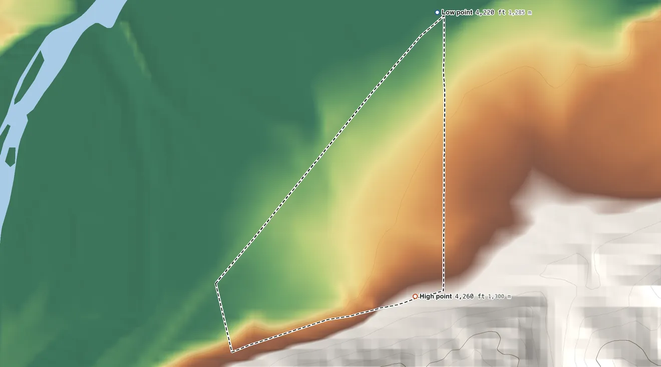 Topographic elevation map of Springdale, Montana, shaded from 4,220 ft on the north side to 4,260 ft on the southeast edge, below higher ground just outside