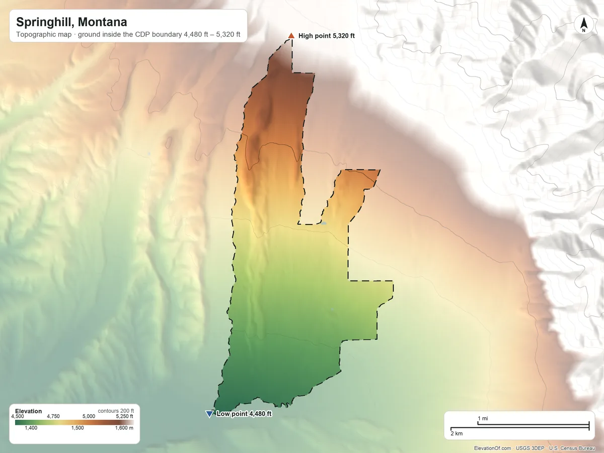 Topographic elevation map of Springhill, Montana, shaded from 4,480 ft on the southwest side to 5,320 ft at the foot of the Bridger Range