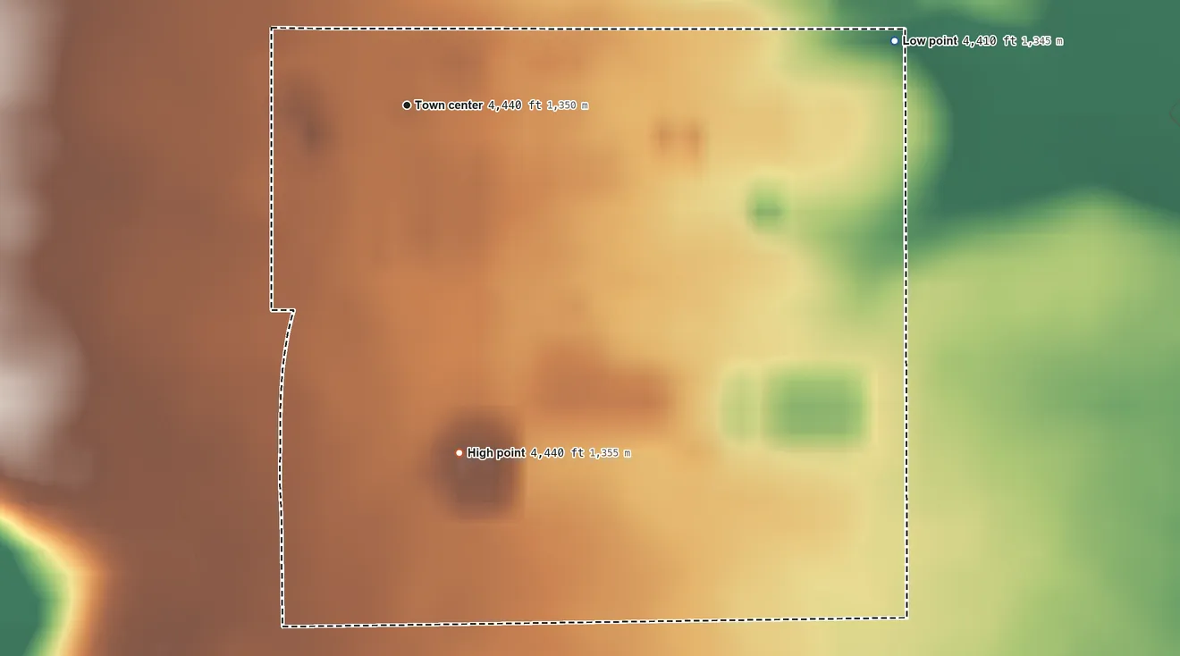 Topographic elevation map of Springwater Colony, Montana, shaded from 4,410 ft on the east side to 4,440 ft on the south side