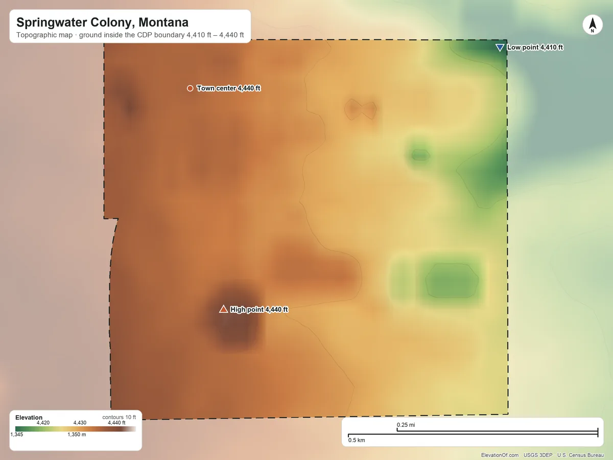 Topographic elevation map of Springwater Colony, Montana, shaded from 4,410 ft on the east side to 4,440 ft on the south side