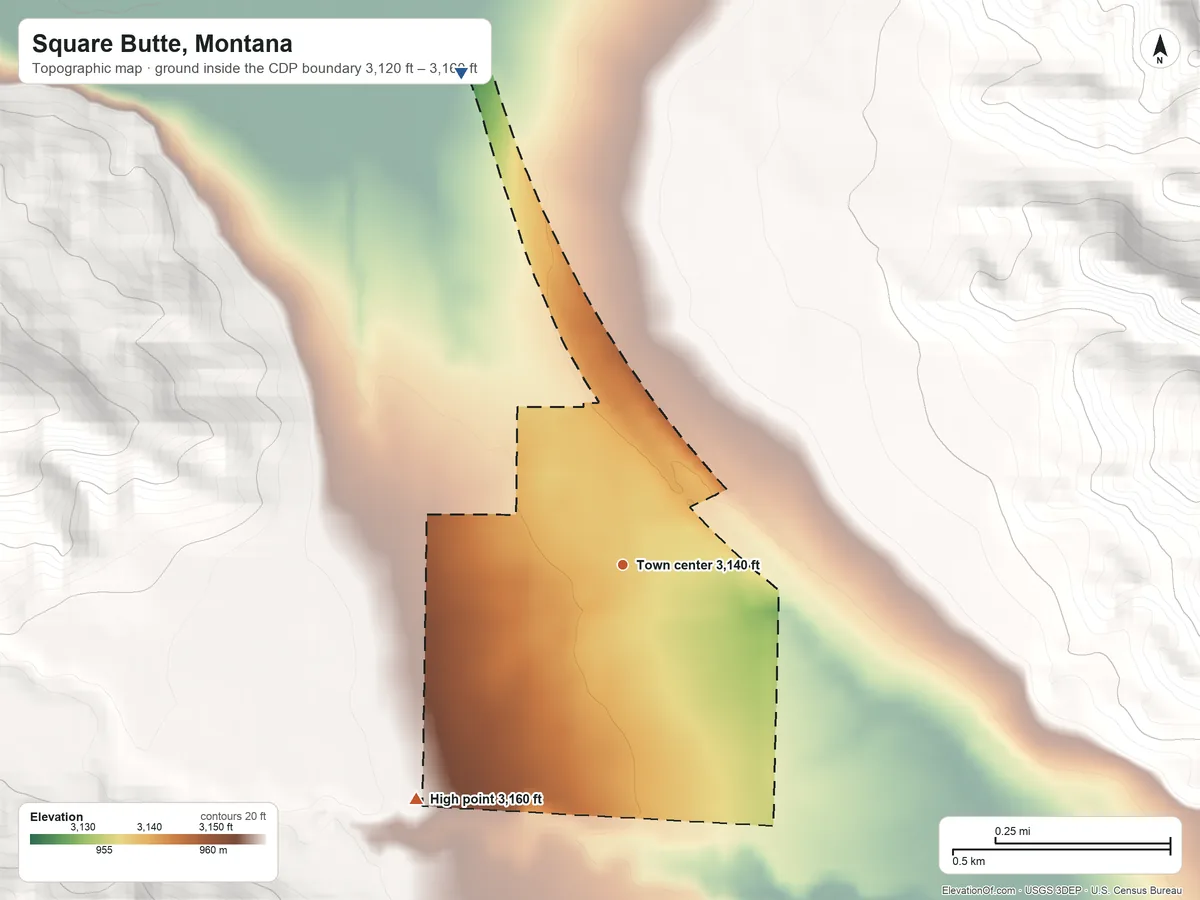 Topographic elevation map of Square Butte, Montana, shaded from 3,120 ft on the north side to 3,160 ft on the southwest edge, below higher ground just outside
