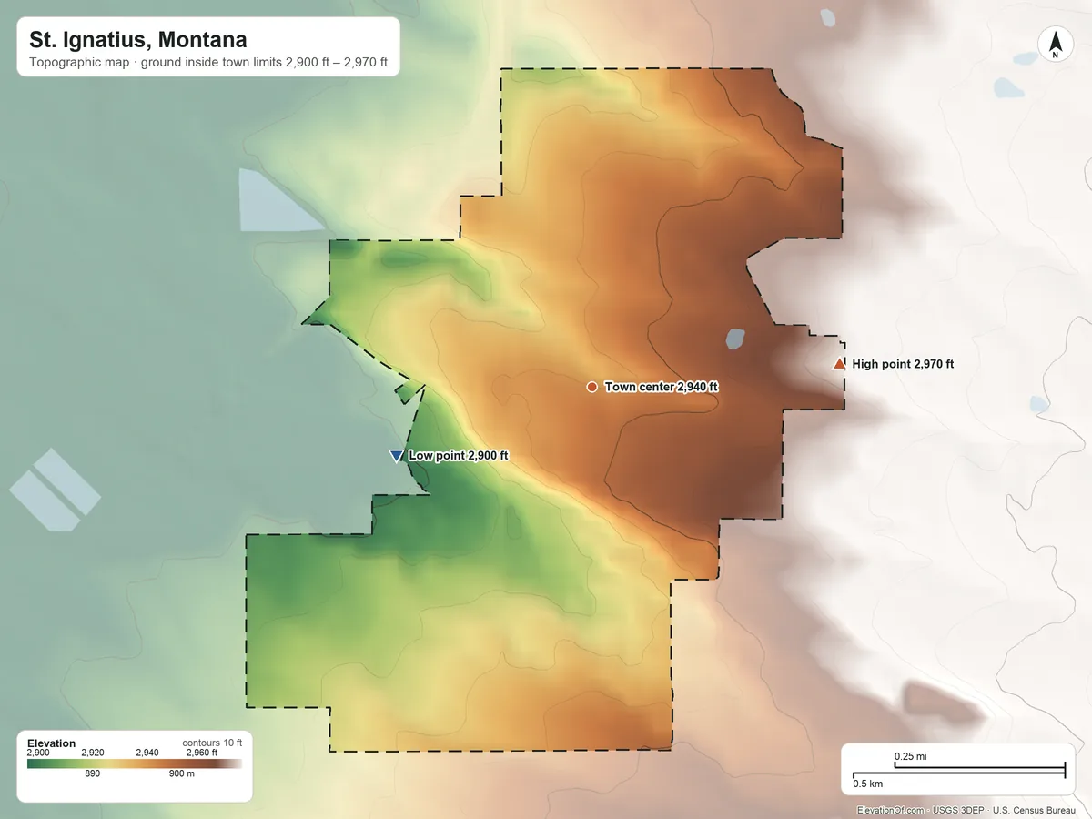 Topographic elevation map of St. Ignatius, Montana, shaded from 2,900 ft on the west side to 2,970 ft on the east edge, below higher ground just outside