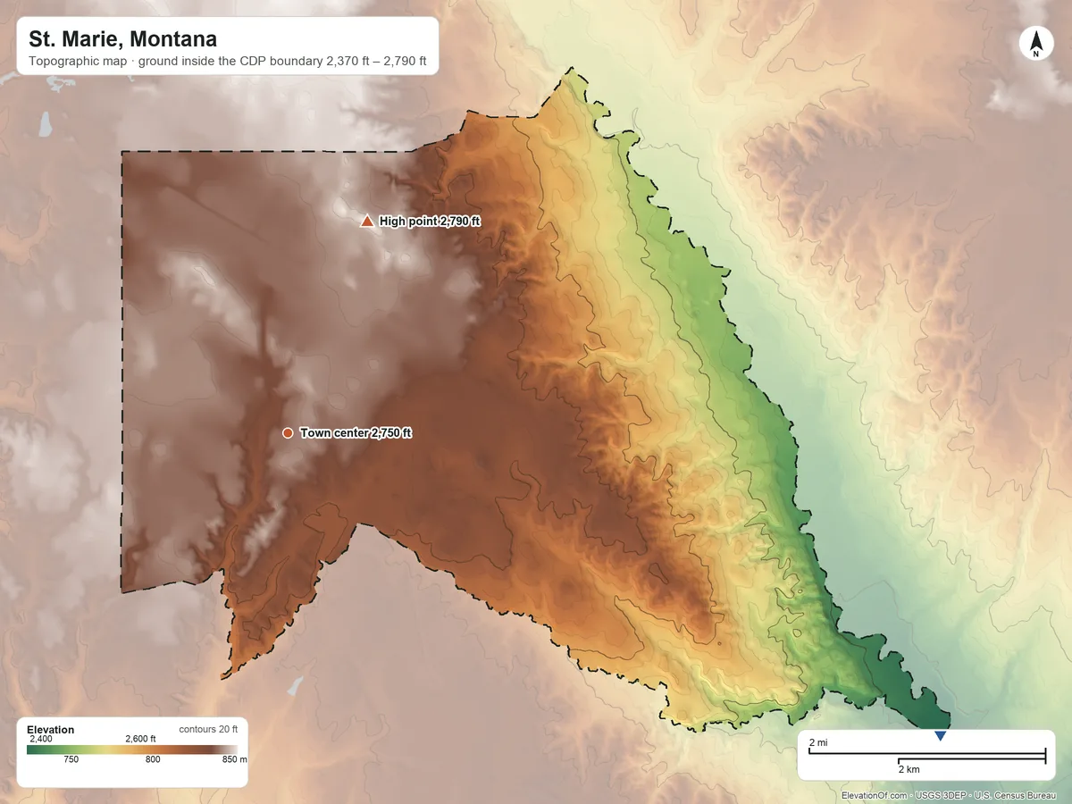 Topographic elevation map of St. Marie, Montana, shaded from 2,370 ft on the southeast side to 2,790 ft on the north side