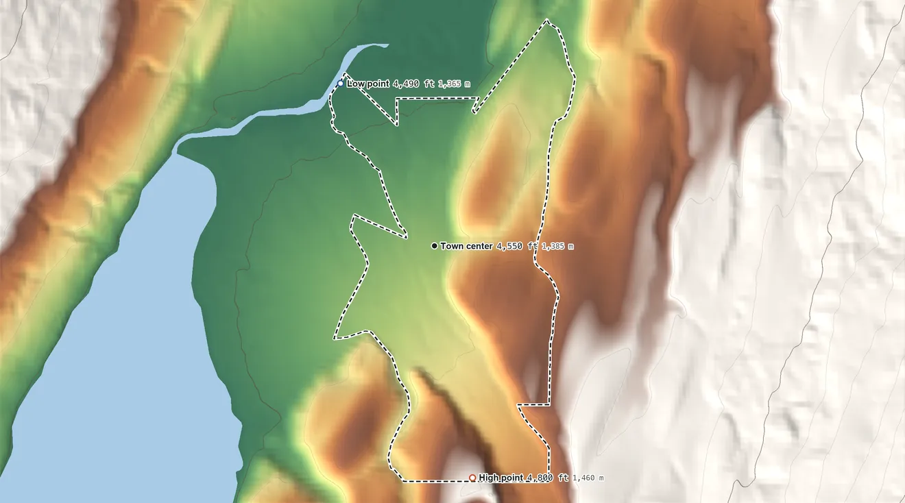 Topographic elevation map of St. Mary, Montana, shaded from 4,490 ft on the northwest side to 4,800 ft on the south edge, below higher ground just outside