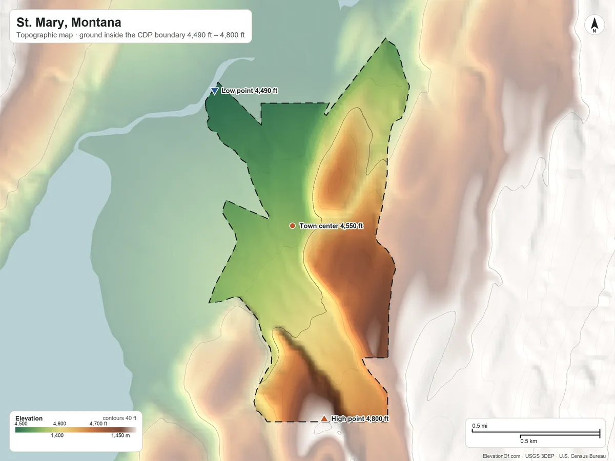Topographic elevation map of St. Mary, Montana, shaded from 4,490 ft on the northwest side to 4,800 ft on the south edge, below higher ground just outside