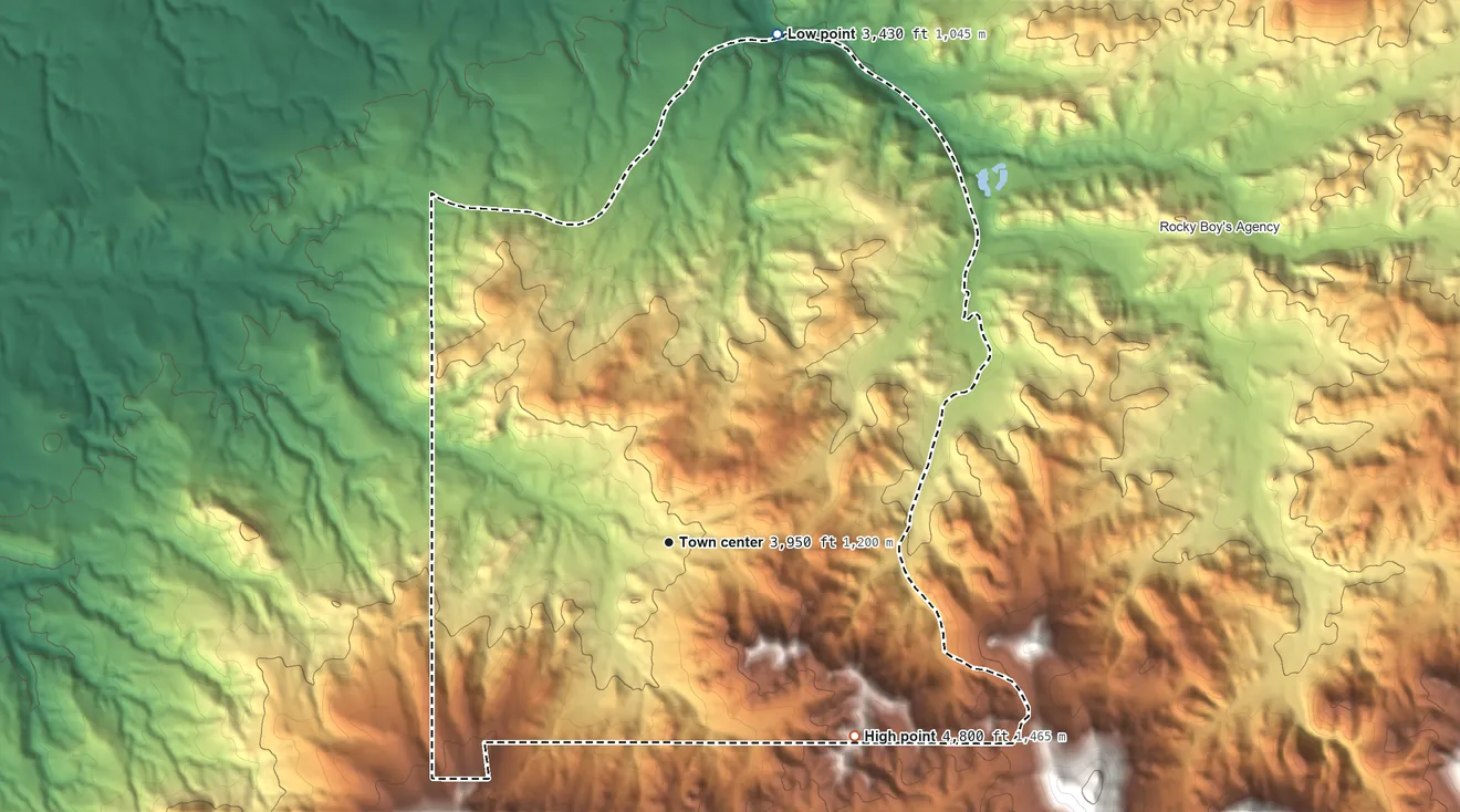Topographic elevation map of St. Pierre, Montana, shaded from 3,430 ft on the north side to 4,800 ft at the foot of the Bears Paw Mountains