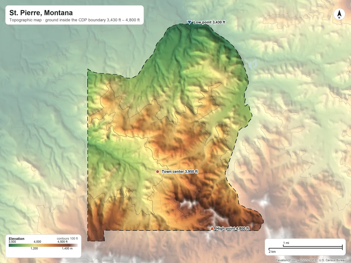 Topographic elevation map of St. Pierre, Montana, shaded from 3,430 ft on the north side to 4,800 ft at the foot of the Bears Paw Mountains