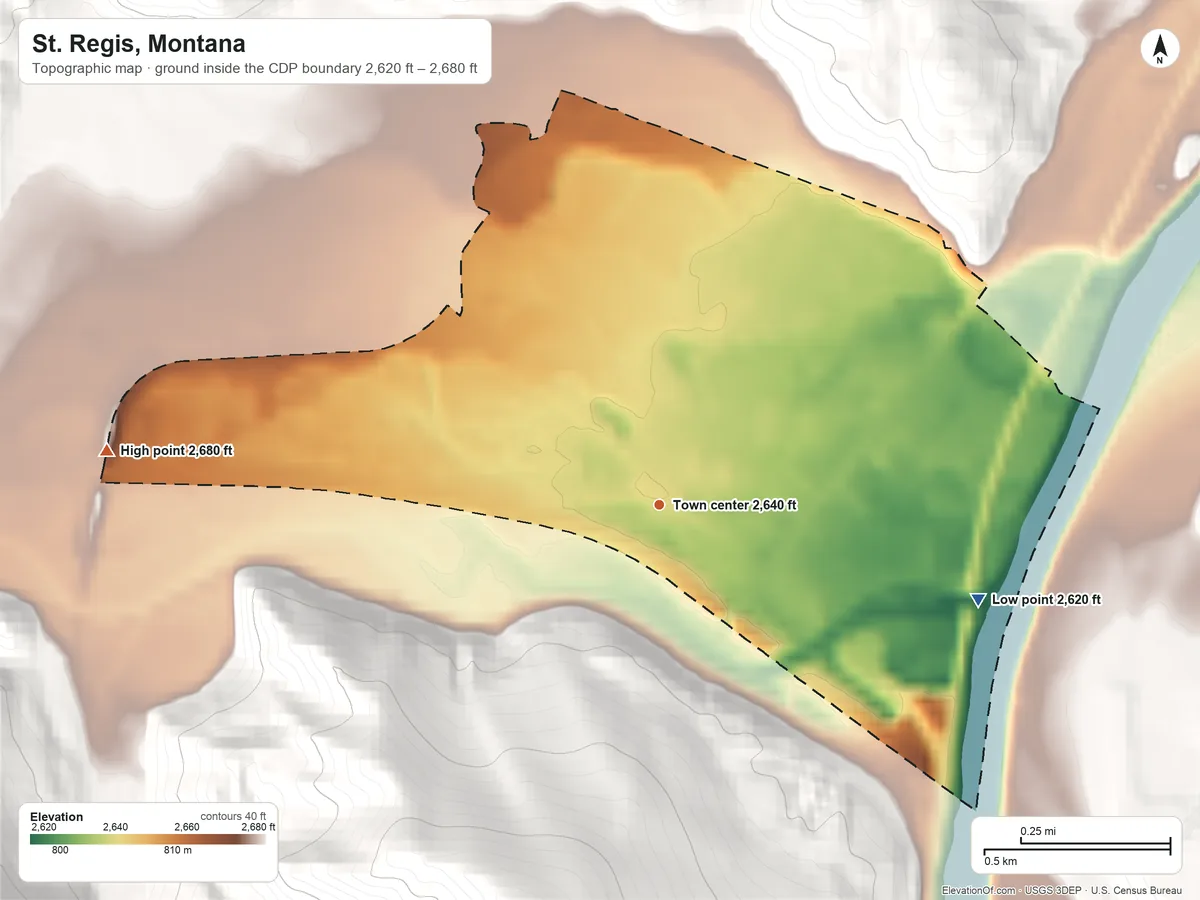 Topographic elevation map of St. Regis, Montana, shaded from 2,620 ft on the east side to 2,680 ft at the foot of the Coeur d'Alene Mountains