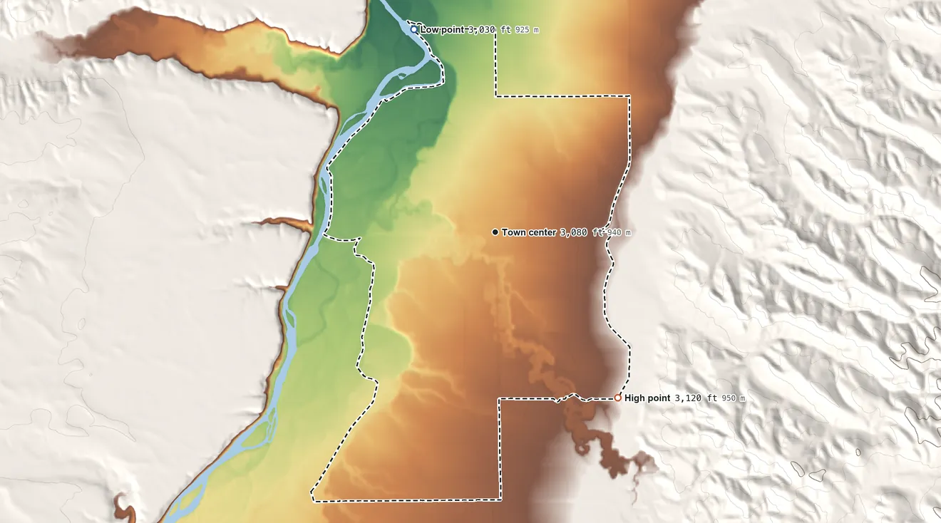 Topographic elevation map of St. Xavier, Montana, shaded from 3,030 ft on the north side to 3,120 ft on the southeast edge, below higher ground just outside