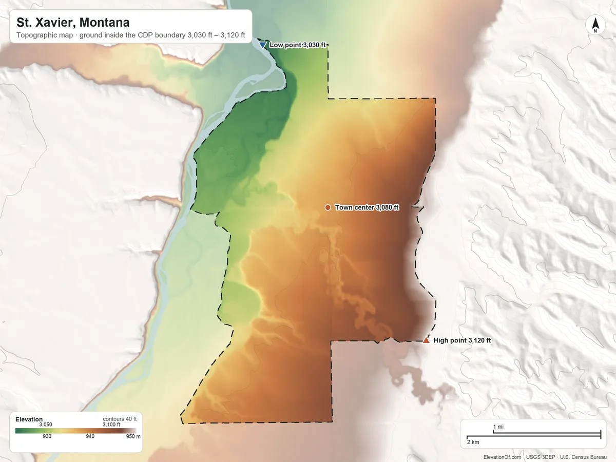 Topographic elevation map of St. Xavier, Montana, shaded from 3,030 ft on the north side to 3,120 ft on the southeast edge, below higher ground just outside