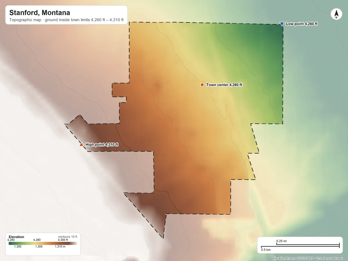 Topographic elevation map of Stanford, Montana, shaded from 4,260 ft on the northeast side to 4,310 ft on the southwest side