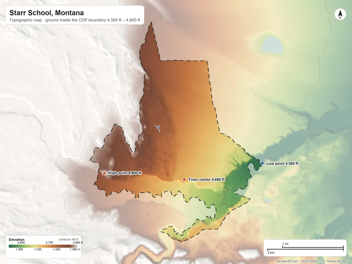 Topographic elevation map of Starr School, Montana, shaded from 4,560 ft on the east side to 4,800 ft on the west edge, below higher ground just outside