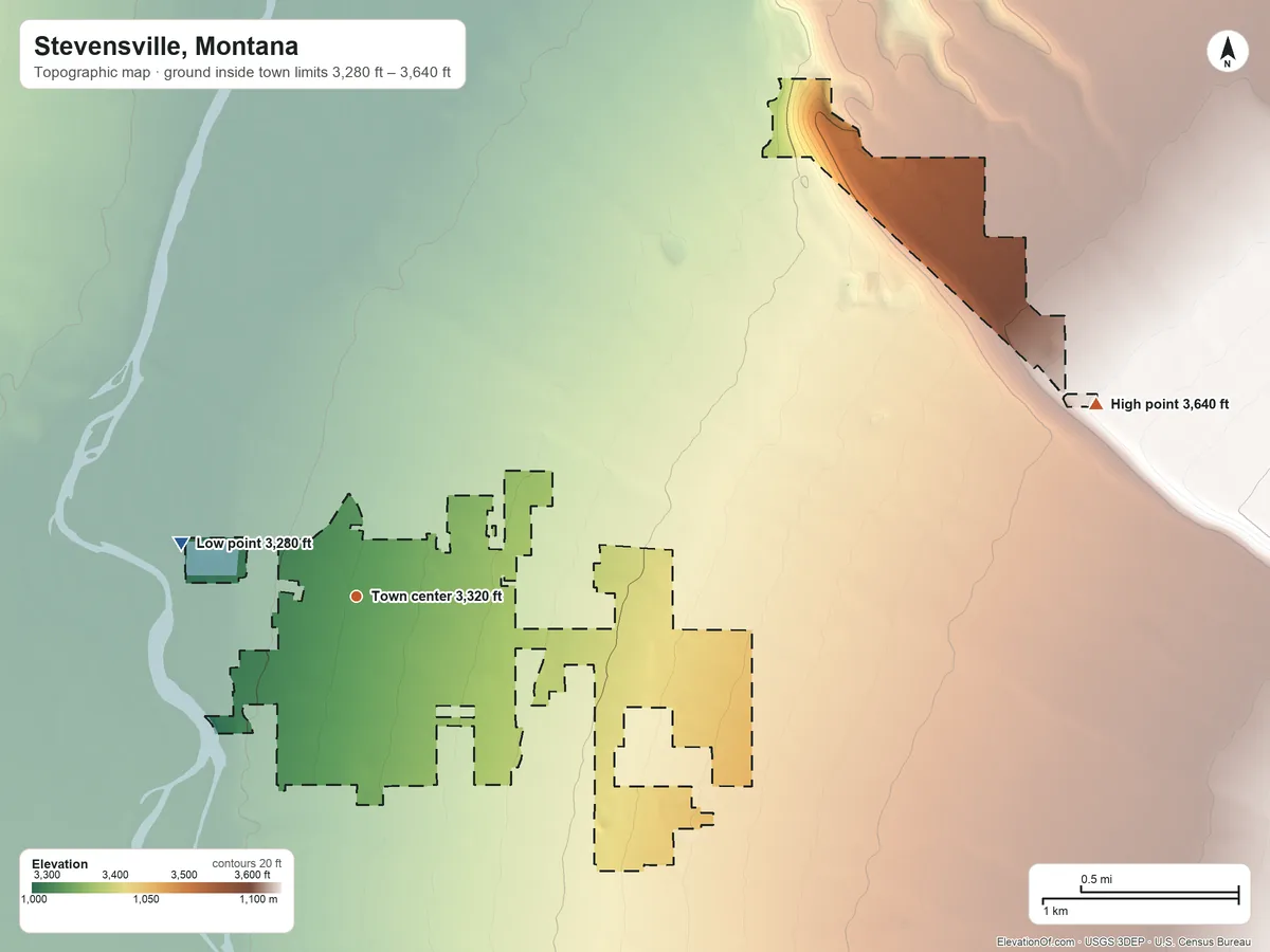Topographic elevation map of Stevensville, Montana, shaded from 3,280 ft on the west side to 3,640 ft on the east side