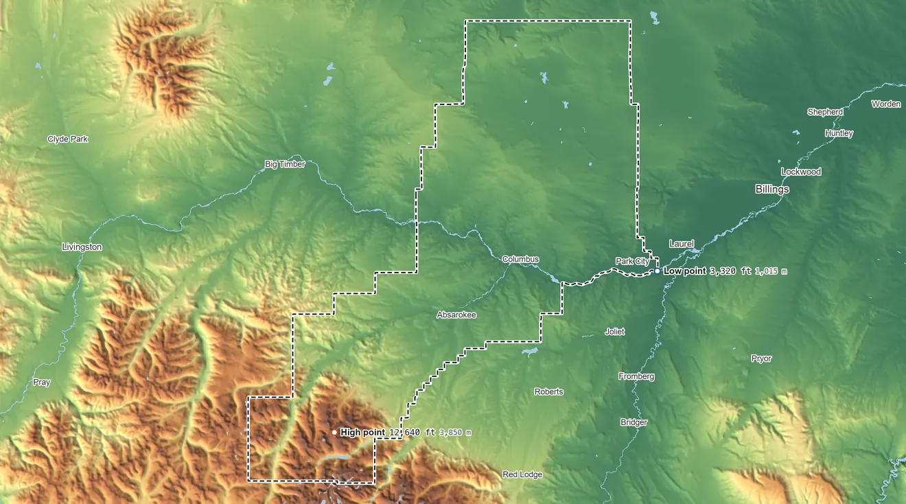 Topographic elevation map of Stillwater County, Montana, shaded from 3,320 ft on the east side to 12,640 ft on Mount Wood