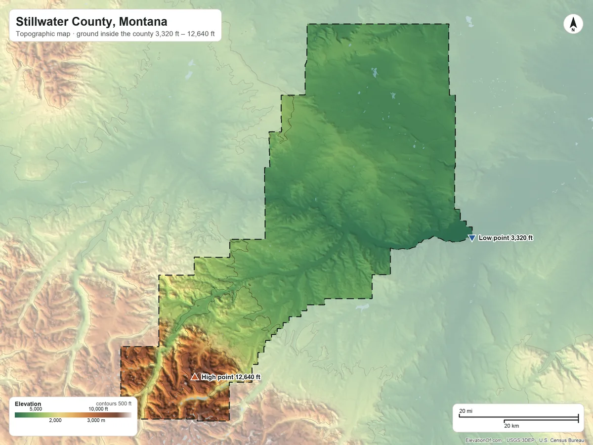 Topographic elevation map of Stillwater County, Montana, shaded from 3,320 ft on the east side to 12,640 ft on Mount Wood