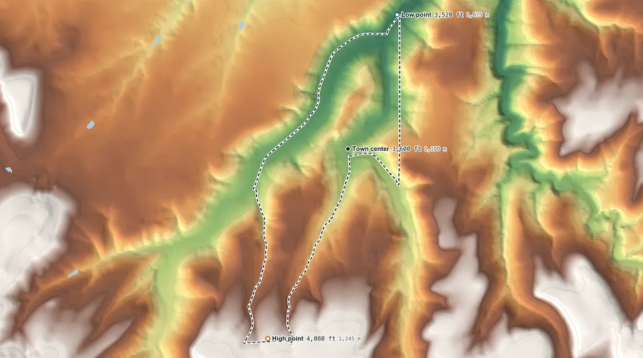 Topographic elevation map of Stockett, Montana, shaded from 3,520 ft on the north side to 4,080 ft on the southwest side