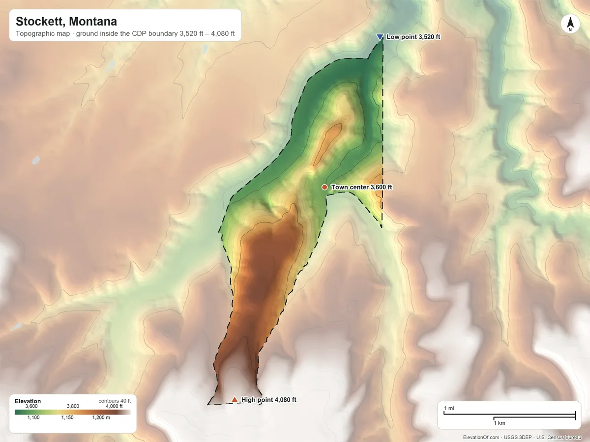 Topographic elevation map of Stockett, Montana, shaded from 3,520 ft on the north side to 4,080 ft on the southwest side