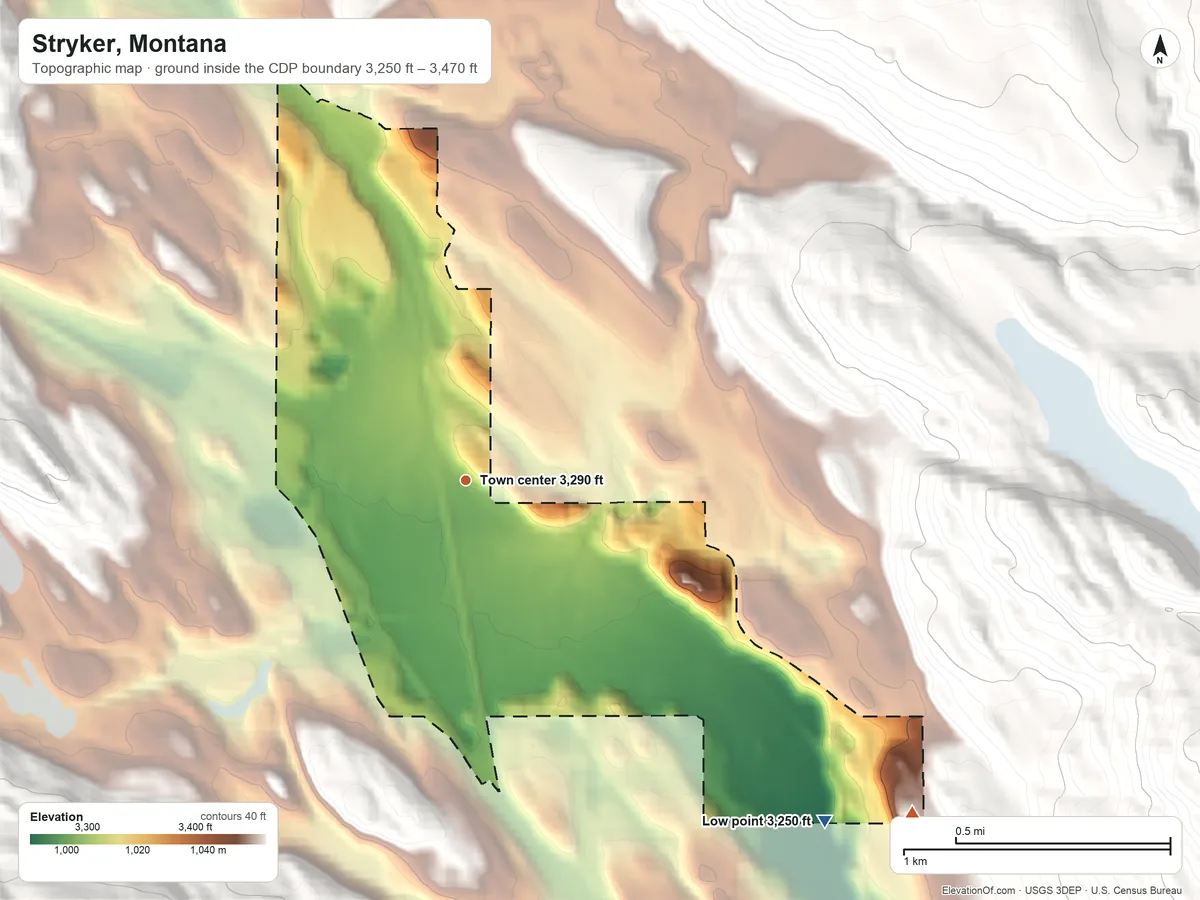 Topographic elevation map of Stryker, Montana, shaded from 3,250 ft on the southeast side to 3,470 ft at the foot of the Whitefish Range