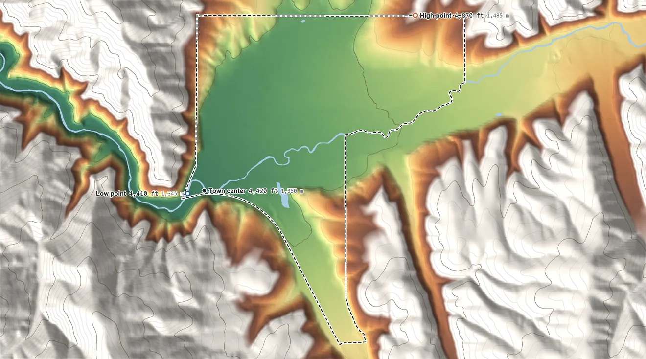 Topographic elevation map of Sula, Montana, shaded from 4,410 ft near the middle to 4,870 ft on the northeast edge, below higher ground just outside