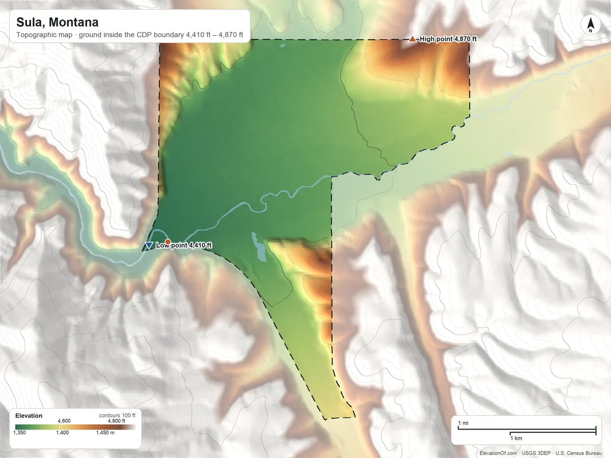 Topographic elevation map of Sula, Montana, shaded from 4,410 ft near the middle to 4,870 ft on the northeast edge, below higher ground just outside