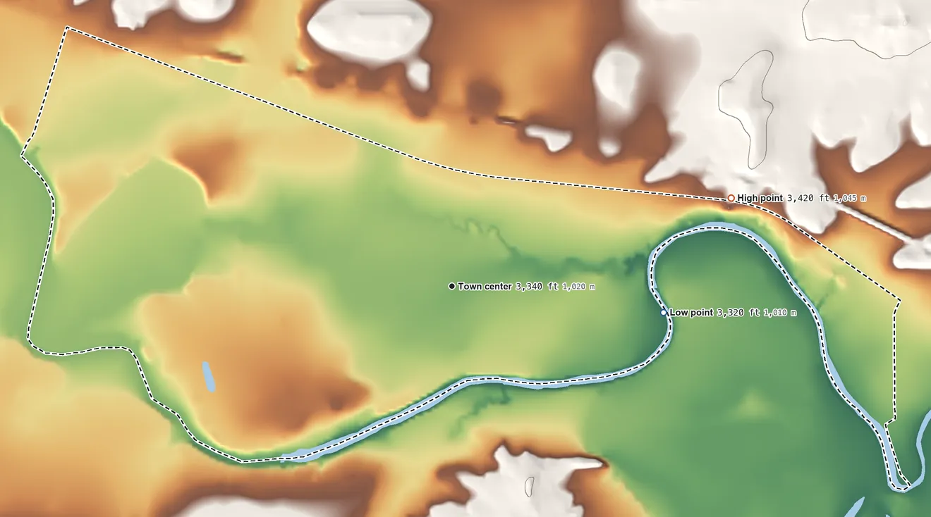 Topographic elevation map of Sun Prairie, Montana, shaded from 3,320 ft on the east side to 3,420 ft on the east side