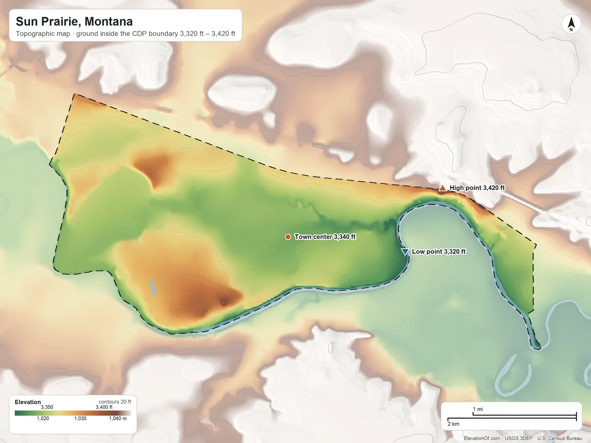 Topographic elevation map of Sun Prairie, Montana, shaded from 3,320 ft on the east side to 3,420 ft on the east side