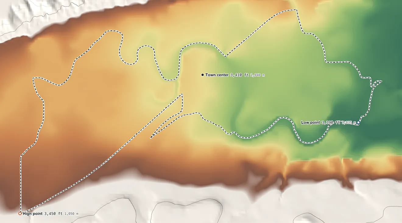 Topographic elevation map of Sun River, Montana, shaded from 3,390 ft on the east side to 3,450 ft on the southwest side