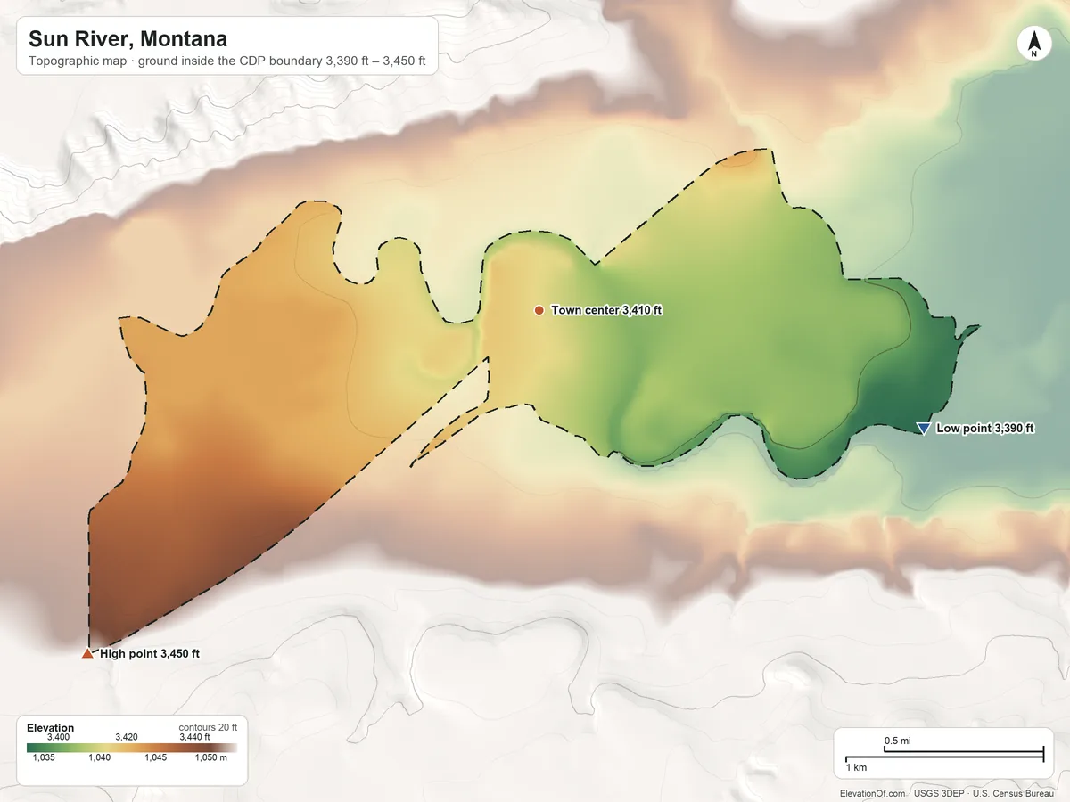 Topographic elevation map of Sun River, Montana, shaded from 3,390 ft on the east side to 3,450 ft on the southwest side