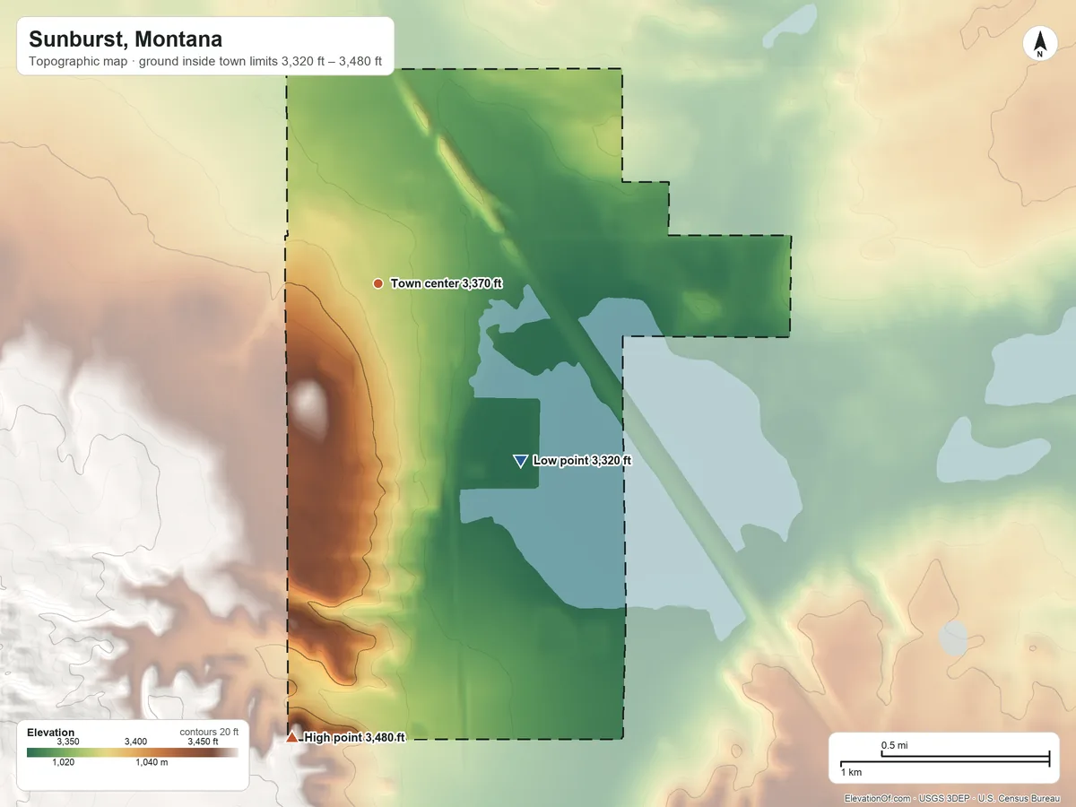 Topographic elevation map of Sunburst, Montana, shaded from 3,320 ft on the southeast side to 3,480 ft on the south edge, below higher ground just outside