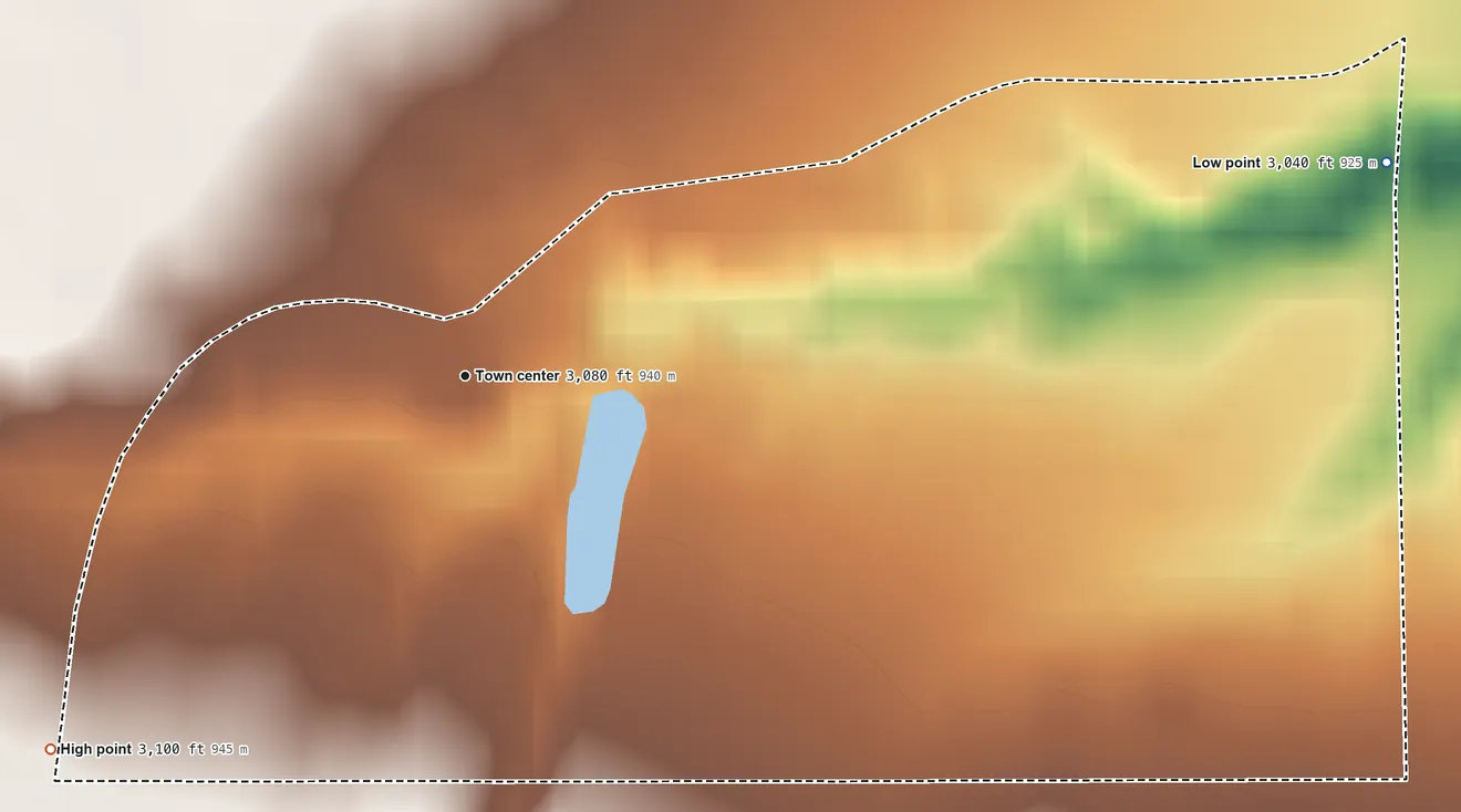 Topographic elevation map of Sunnybrook Colony, Montana, shaded from 3,040 ft on the east side to 3,100 ft on the southwest edge, below higher ground just outside