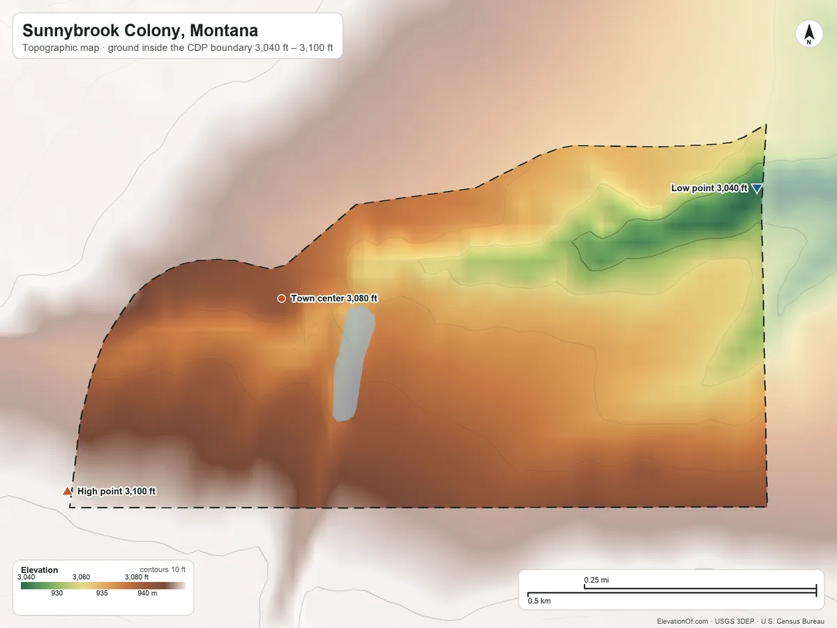 Topographic elevation map of Sunnybrook Colony, Montana, shaded from 3,040 ft on the east side to 3,100 ft on the southwest edge, below higher ground just outside
