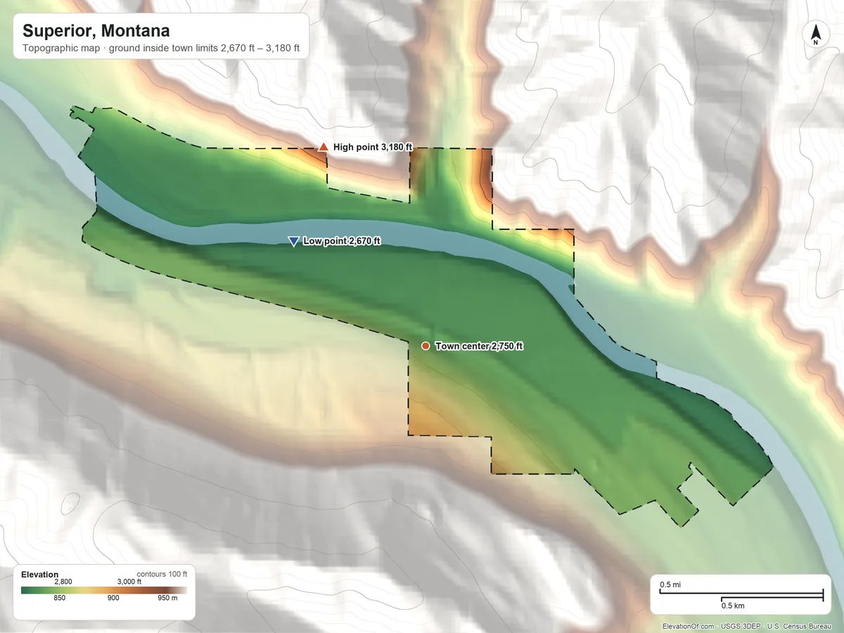 Topographic elevation map of Superior, Montana, shaded from 2,670 ft on the northwest side to 3,180 ft on the northwest edge, below higher ground just outside