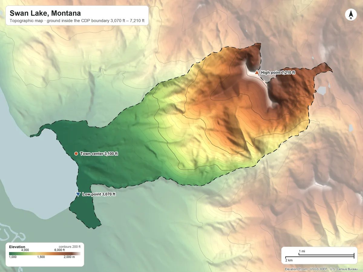 Topographic elevation map of Swan Lake, Montana, shaded from 3,070 ft on the south side to 7,210 ft on Con Kelley Mountain