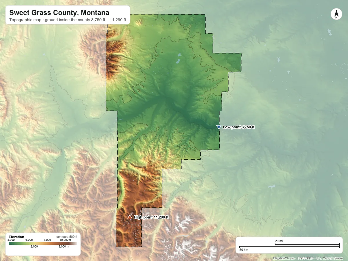 Topographic elevation map of Sweet Grass County, Montana, shaded from 3,750 ft on the east side to 11,290 ft on Mount Douglas