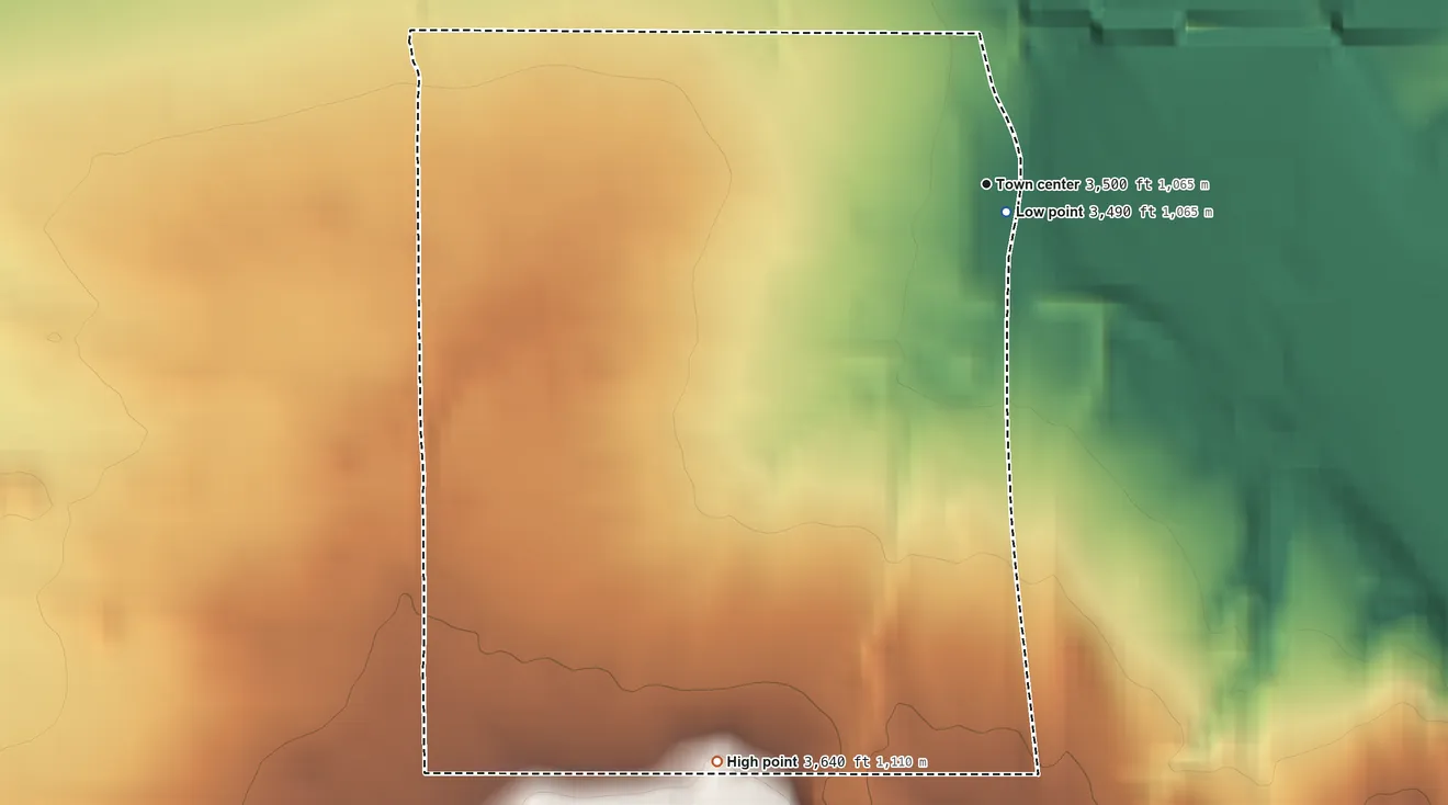 Topographic elevation map of Sweet Grass, Montana, shaded from 3,490 ft near the middle to 3,640 ft on the southwest side