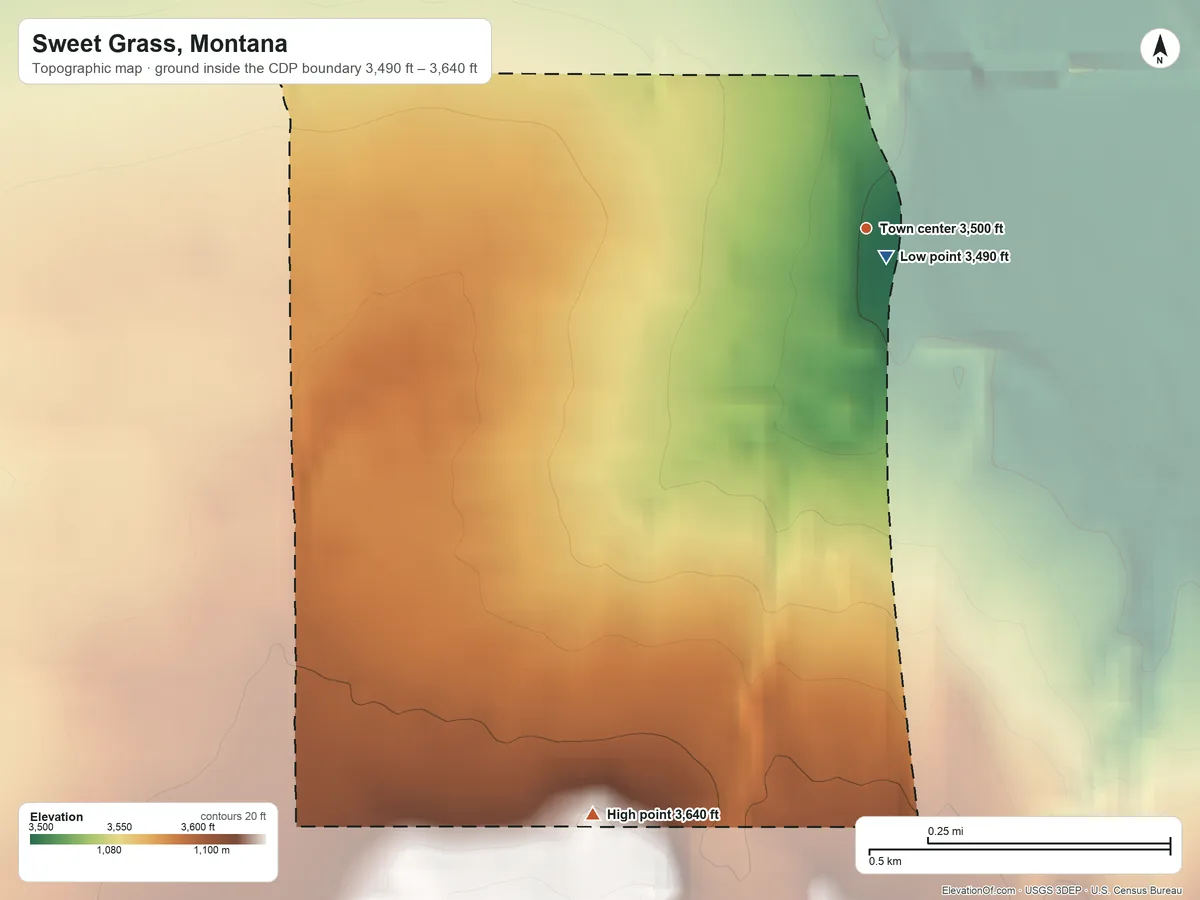 Topographic elevation map of Sweet Grass, Montana, shaded from 3,490 ft near the middle to 3,640 ft on the southwest side