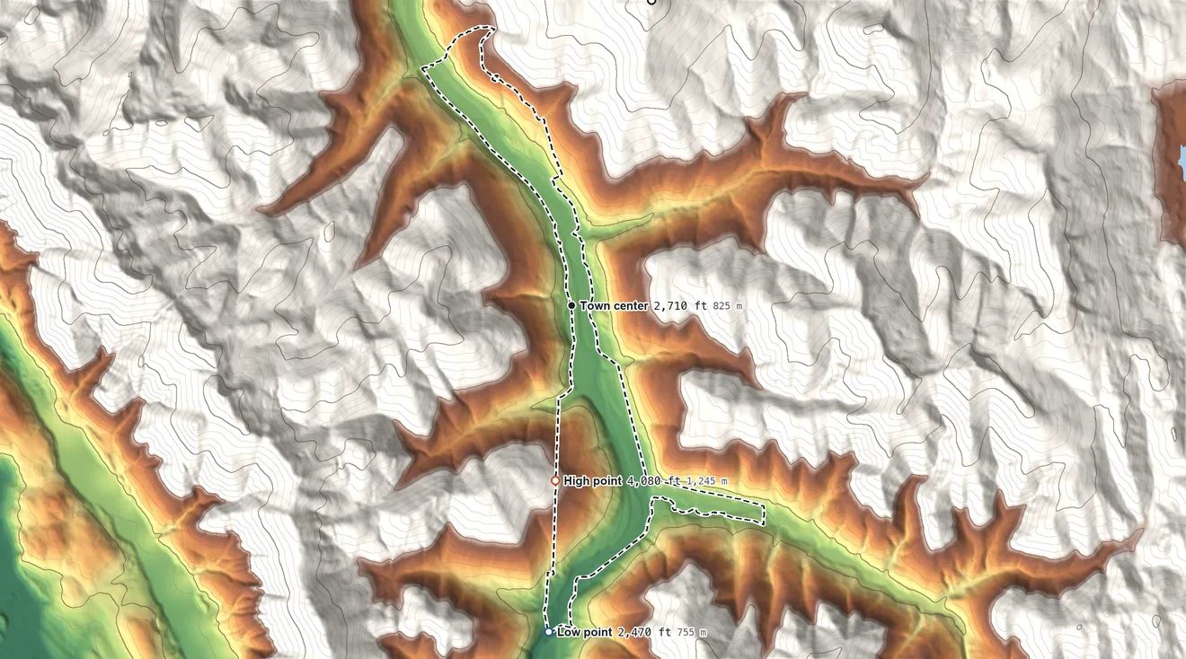 Topographic elevation map of Sylvanite, Montana, shaded from 2,470 ft on the south side to 4,080 ft on the south edge, below higher ground just outside