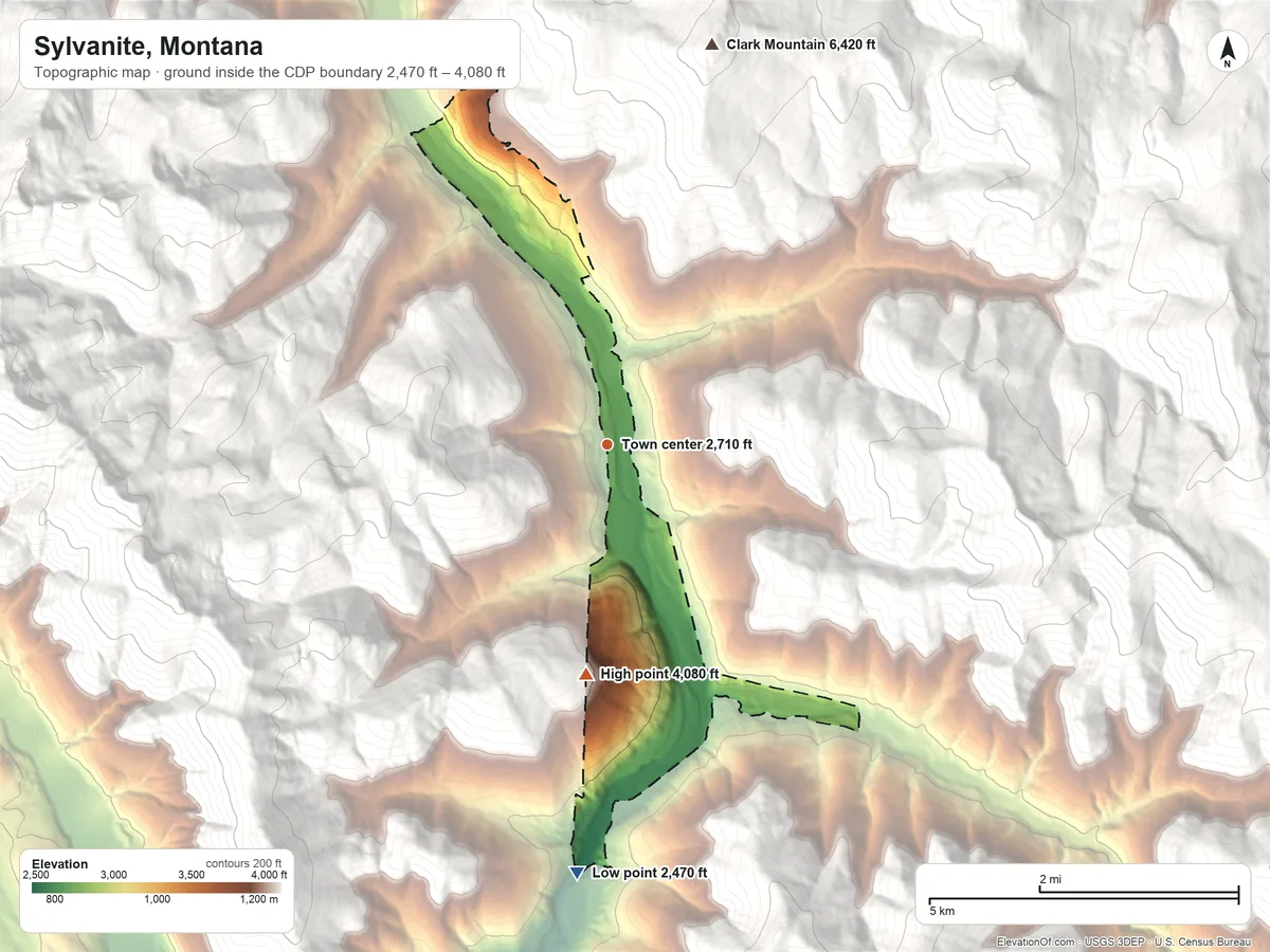 Topographic elevation map of Sylvanite, Montana, shaded from 2,470 ft on the south side to 4,080 ft on the south edge, below higher ground just outside
